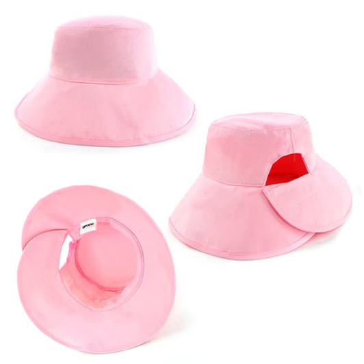 A pink bucket hat featuring a wide brim and a logo, with an open design showing the interior.