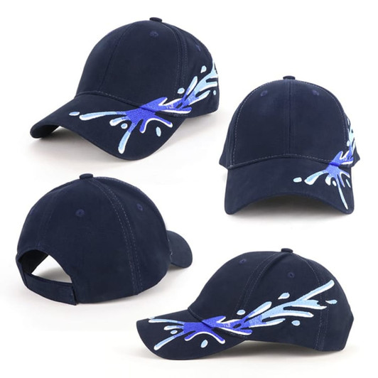 A navy cap featuring a splash design with a logo. It has a classic curved brim and an adjustable strap.