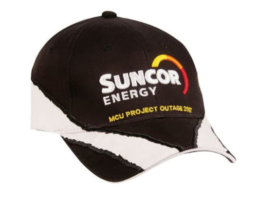 A black and white cap featuring a logo, with an embroidered design and a curved peak.