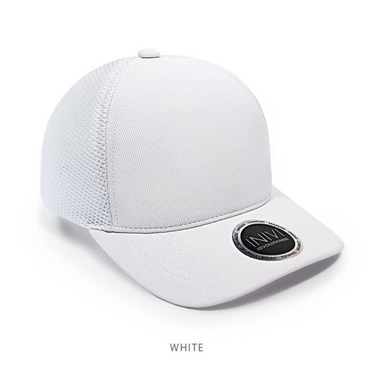 A white cap featuring a mesh design and a circular logo on the front.