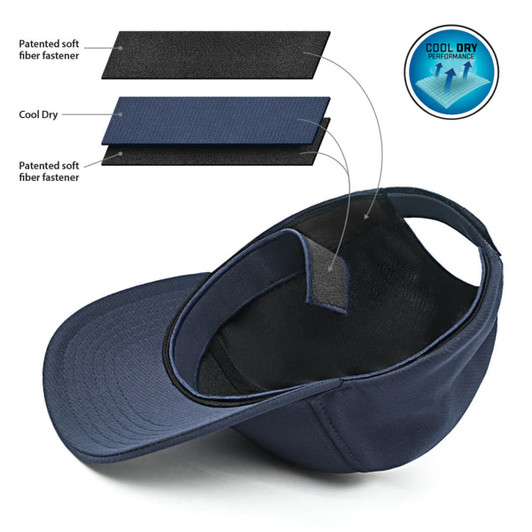 A navy Bamboo Cap with a patented soft fibre fastener and Cool Dry performance features. Interior details visible.