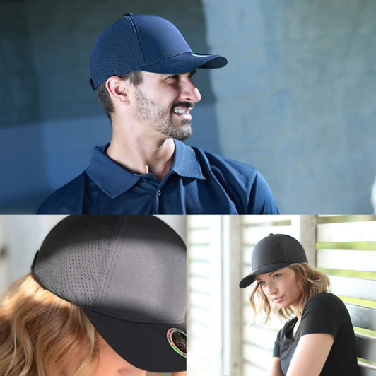 Premium nylon cap in navy blue with a sleek design, featuring a logo and a breathable mesh texture.