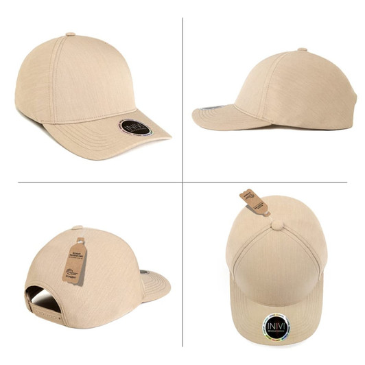 A light beige cap with a curved brim, featuring a logo and a hang tag, shown from multiple angles.