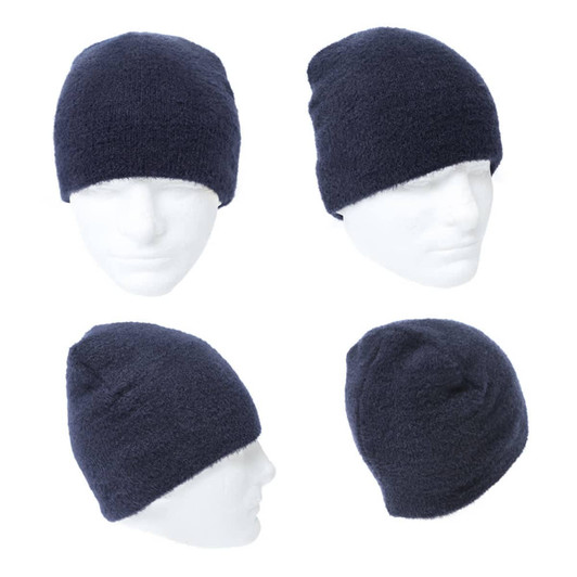 A dark navy shaggy beanie featured from multiple angles, showcasing its soft texture and shape. It has a simple logo.