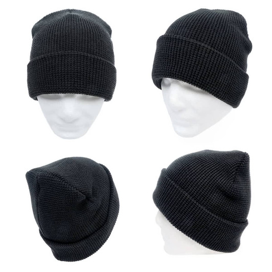 A black grid knit beanie displayed from multiple angles, featuring a logo on its side.
