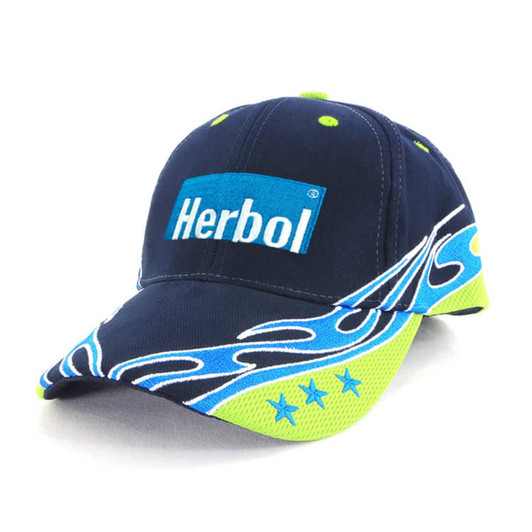 A navy cap with vibrant blue and lime green details, featuring a logo on the front.