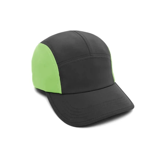 A black and bright green 6-panel cap with a structured design and a logo on the front.