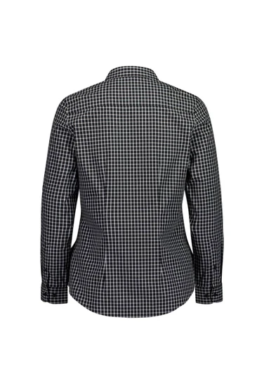 A women's long sleeve shirt in black and white check pattern, featuring a fitted design and a collar.