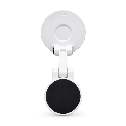 A white phone holder with a black magnetic base and a suction cup for mounting. It features a logo on the back.