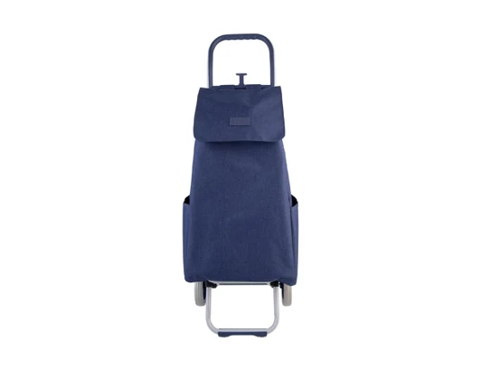 A navy blue shopping trolley with a foldable design, featuring a top flap and side pockets. Includes a handle and wheels.