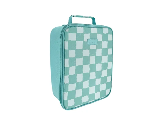 A turquoise insulated lunch bag with a white checkered pattern and a carrying handle. It features a logo on the front.