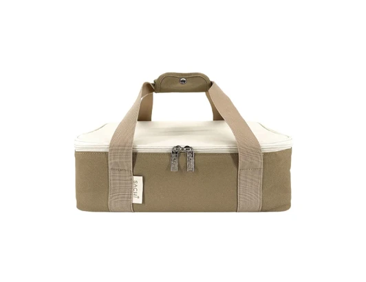 A beige and khaki insulated bag with a zip closure and dual handles, featuring a logo on the side.