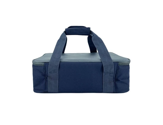 A navy insulated bag with two sturdy handles, designed for carrying food or drinks. Features a zip closure.