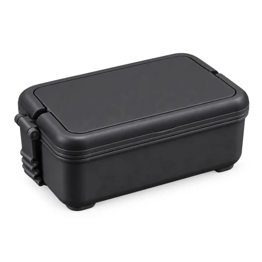 A black lunchbox with a secure lid and a compact design, featuring a logo on the side.