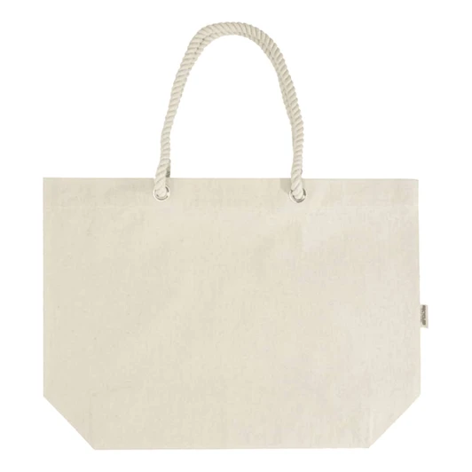 A large, light-coloured tote bag with rope handles and a branded tag.