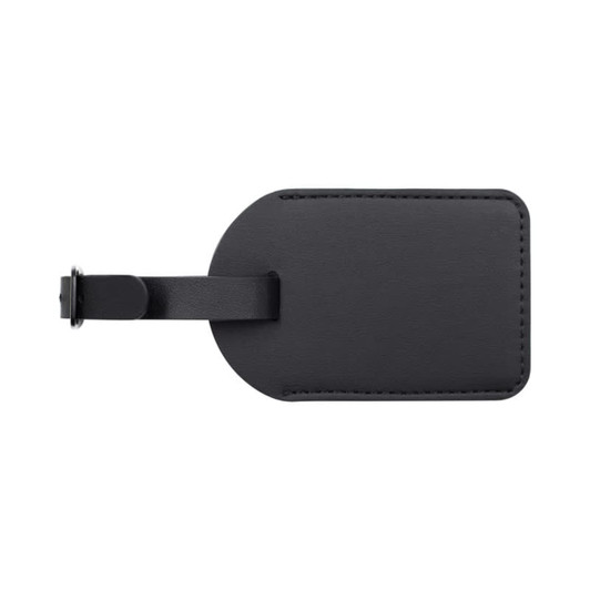 A black luggage tag with a loop attachment, featuring a smooth surface and rounded edges.