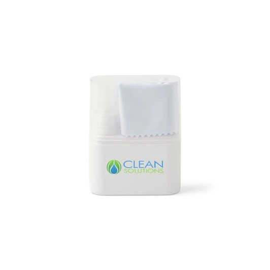 A white spray bottle with a fabric cloth attached, featuring a logo on the front.