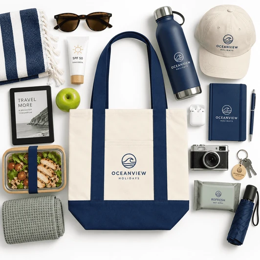 A canvas tote in cream and navy, accompanied by sunglasses, a drink bottle, a hat, and various travel items.