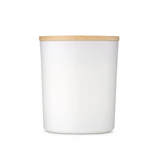 A white candle holder with a bamboo lid. The design is simple and elegant, suitable for home decor.