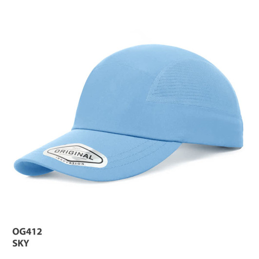 A light blue performance cap with a smooth fabric and a logo on the front.
