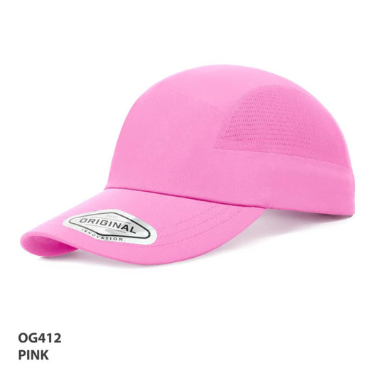 A pink performance cap with a logo, featuring a sleek design and breathable fabric.