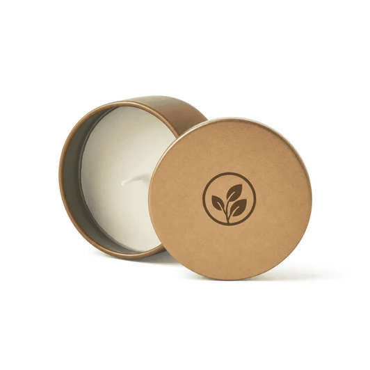 A mini tin candle with a natural-coloured exterior and white wax inside, featuring a logo on the lid.