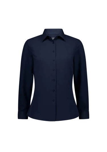 A women's long sleeve shirt in navy blue with a button-down front and a collar, featuring a logo on the label.