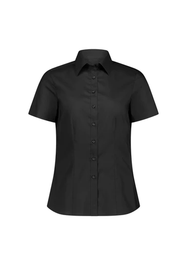 A short-sleeved women's shirt in black with a classic collar and buttoned front, featuring a logo.