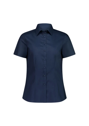 A navy blue short sleeve women's shirt with a button-up front and a collar. It features a branded logo.