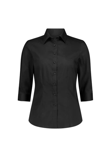 A black women's shirt featuring a 3/4 sleeve design and a button-up front, with a branding logo.