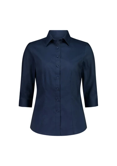 A navy blue women's 3/4 sleeve shirt with a button-up front and a collar, featuring a logo on the chest.