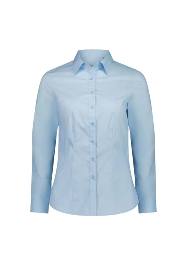 A women's long sleeve shirt in light blue, featuring a collared neckline and button placket, with a logo present.