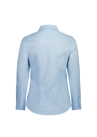 A light blue long sleeve women's shirt featuring a classic collar and button details on the sleeves, with a logo.