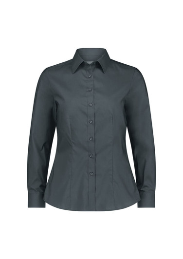 A fitted, long sleeve women's shirt in a dark grey colour, featuring a button-down front and collar.