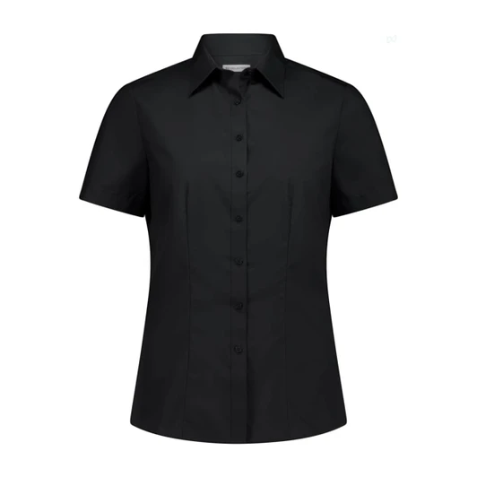 A black short sleeve women's shirt featuring a button-up front and a collar, with a subtle logo.