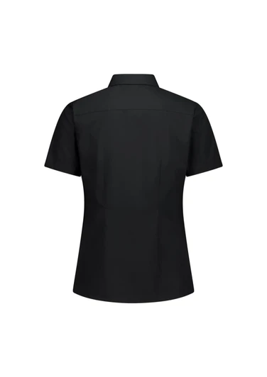 A black short sleeve women's shirt with a collar and a fitted design. It features a logo on the back.