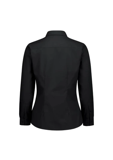 A black long sleeve women's shirt with a fitted design and a collar, featuring buttons on the cuffs.