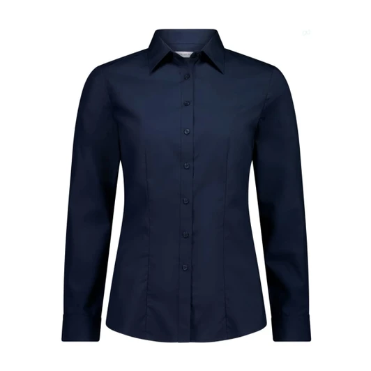 A women's long sleeve shirt in navy blue, featuring a collared neck and button-down front. It has a logo.