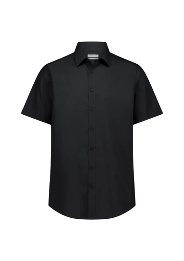 A black short sleeve shirt with a classic fit and button-down front. It features a collar and has a logo.