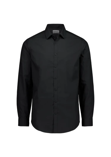 A black slim fit long sleeve shirt with a button-down front and a collar. It features a logo on the chest.