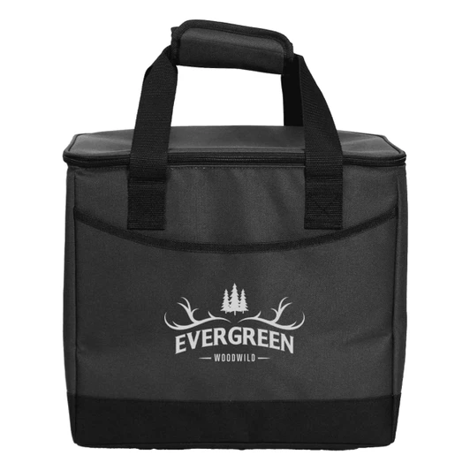 A 36-can cooler in black, featuring a handle and a logo on the front. Ideal for keeping beverages cool.