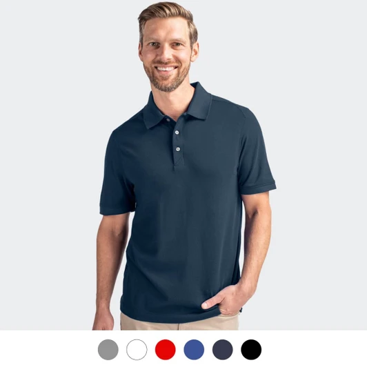 A man wearing a navy polo shirt with a collar. The image features a selection of colour options below.
