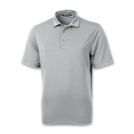 A light grey short-sleeved men's polo shirt with a collar and three buttons, featuring a logo.