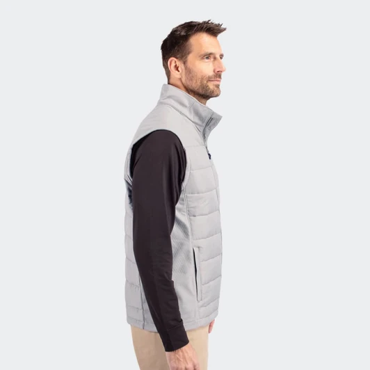 A grey men's hybrid vest with a high collar, featuring a zip front and side without sleeves.