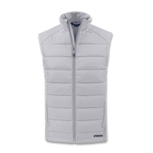 A grey, sleeveless hybrid vest with a front zipper and a logo on the hem.