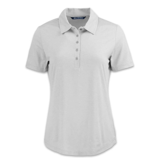 A light grey women's polo shirt with a collar and short sleeves, featuring a button placket and a logo.