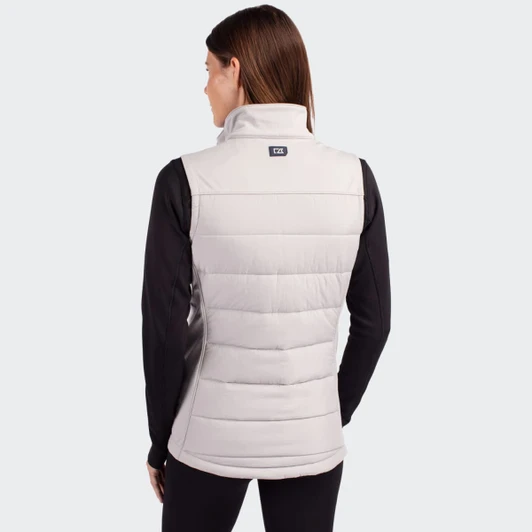 A women's hybrid vest in light grey with a high neck and padded back, featuring a logo on the upper back.