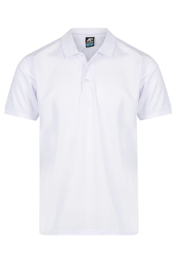 A white polo shirt featuring a collar and short sleeves, with a small logo on the chest area.