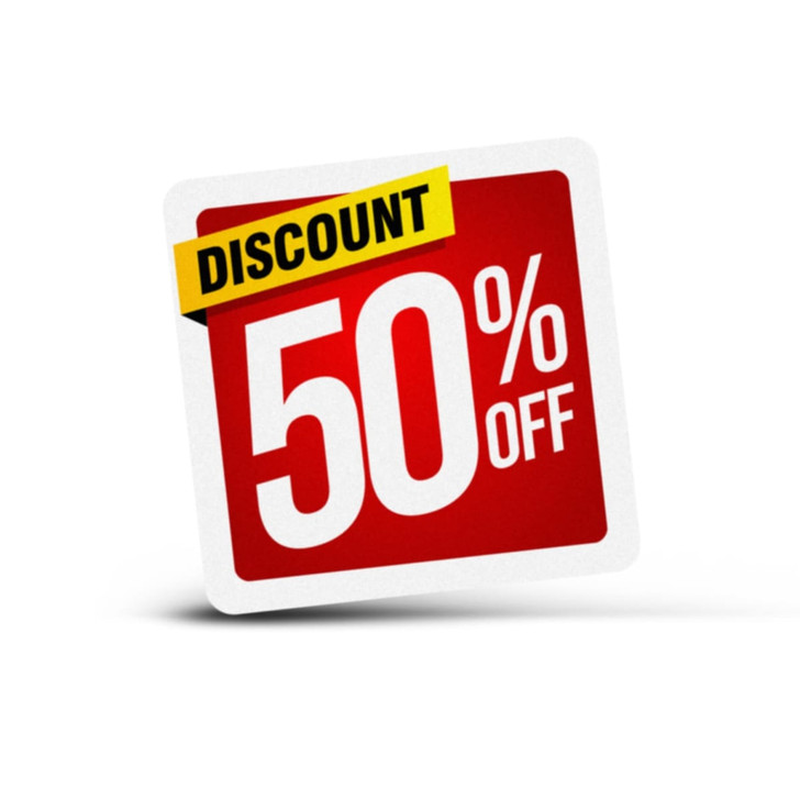 A square sticker featuring a bold red background with a white percentage sign and a black and yellow banner.