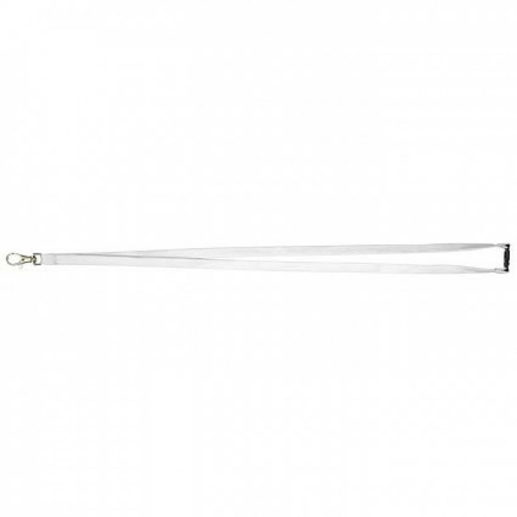 A white lanyard with a hook attachment and a branding logo, ideal for exhibitions and events.